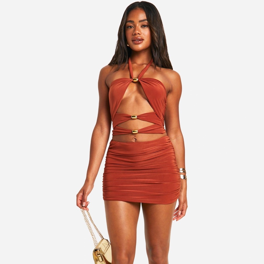Boohoo Double Slinky Cut Out Halter Neck Top and Mini Skirt